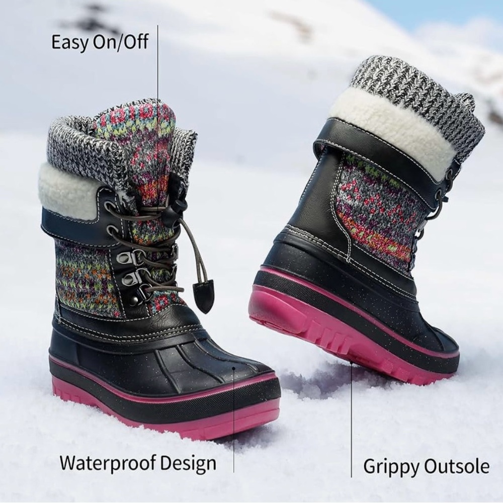 Black and Pink  Insulated &Waterproof Winter Boots